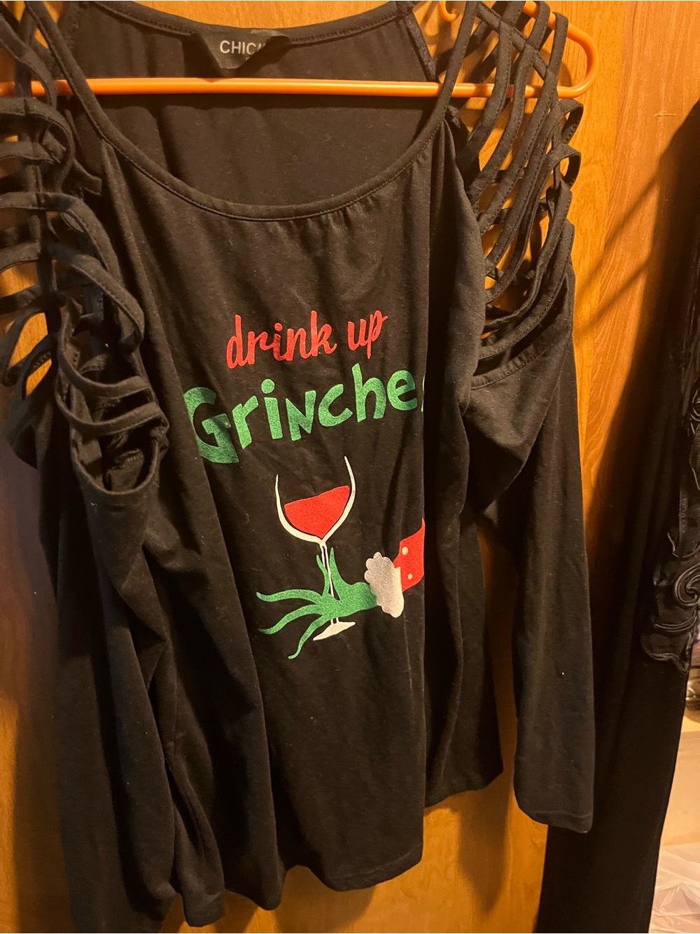 Chicwish Black 'Drink Up Grinches' Cutout-Sleeve Long Sleeve Tee